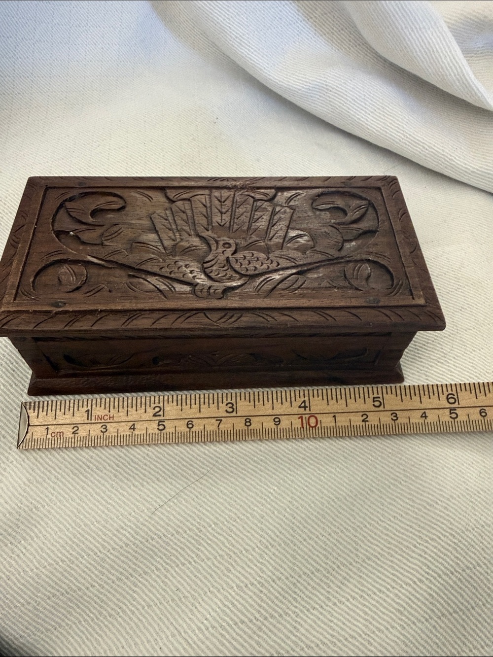 Hand-Carved Wooden Jewelry Box with Peacock Motif 2.75x1.25x5.5 inches